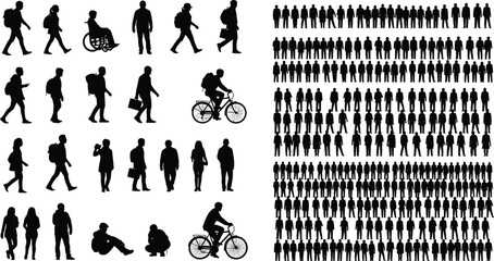 Silhouettes, diverse people, walking, cycling, wheelchair user, crowd, mobility, accessibility, urban life, black and white, vector, illustration, inclusive, isolated, motion, street, public,