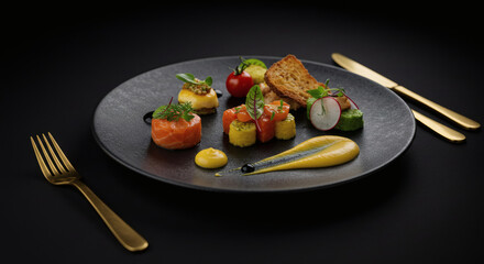 Gourmet Salmon Appetizer Platter Elegant Dish with Fresh Ingredients Fine Dining