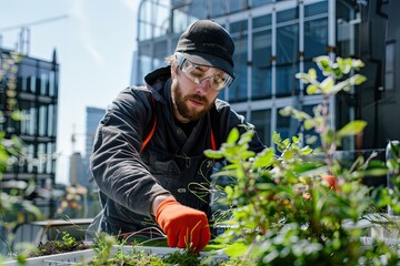 Gardener taking care of plants in rooftop garden of modern building