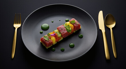 Exquisite Tuna Tataki with Colorful Vegetables Gourmet Presentation on Black Plate