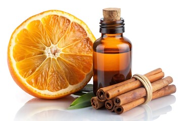 Bottle of cologne is next to an orange and some cinnamon sticks