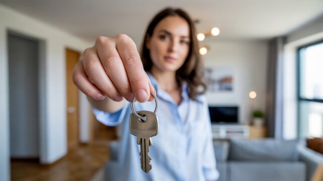 Young caucasian female holding house key in modern living room