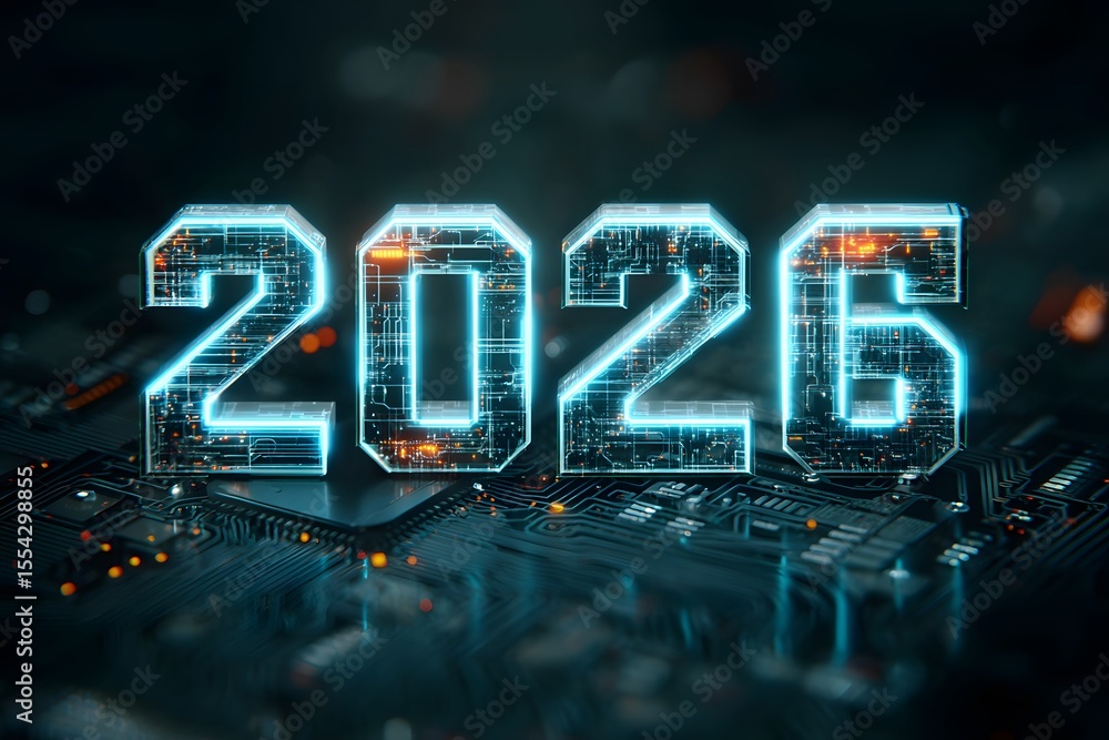 Poster futuristic digital display of the year 2026 on a circuit board background