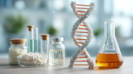 DNA double helix model with laboratory glassware, pills, and vials on table representing biotechnology, genetics, and pharmaceutical research
 - Powered by Adobe