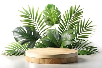 Wooden platform with a round shape and a green leafy background