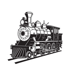 Classic vintage art silhouette of a detailed steam locomotive on railroad tracks