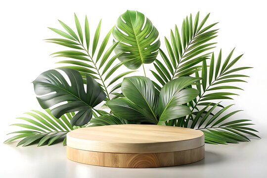 Wooden platform with a round shape and a green leafy background