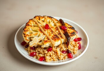 Gourmet roasted cauliflower steak with quinoa and pomegranate