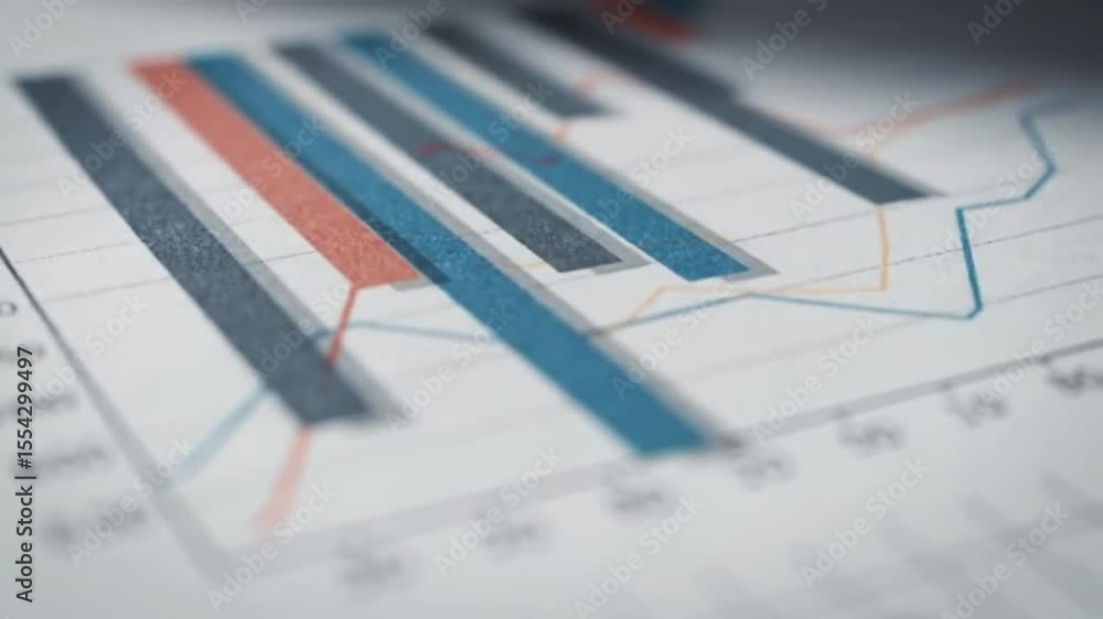 Aufkleber bar and line graph on white paper displaying gray blue and red bars with upward trend in soft focus