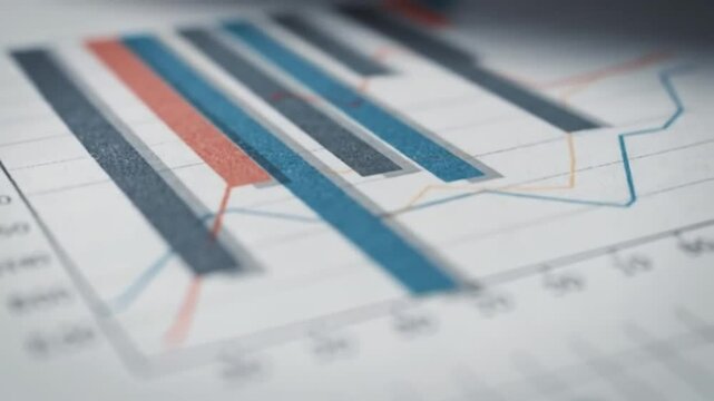 Bar and Line Graph on White Paper Displaying Gray Blue and Red Bars with Upward Trend in Soft Focus