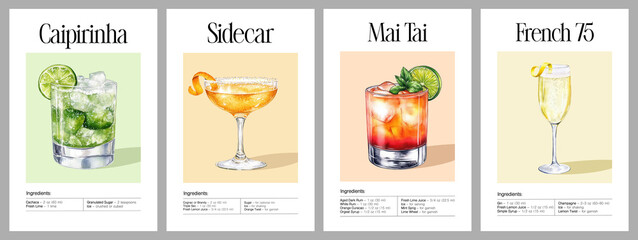 Set of four watercolor cocktail recipe illustrations: Caipirinha, Sidecar, Mai Tai, and French 75. Each glass depicted with garnish and detailed ingredients list on colored background. 