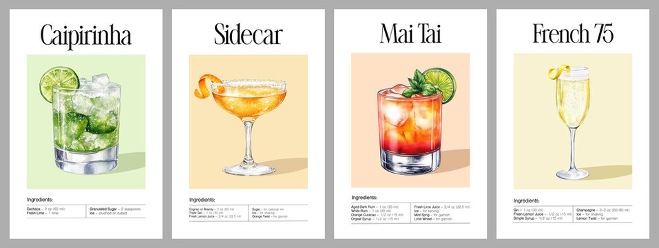 Set of four watercolor cocktail recipe illustrations: Caipirinha, Sidecar, Mai Tai, and French 75. Each glass depicted with garnish and detailed ingredients list on colored background.