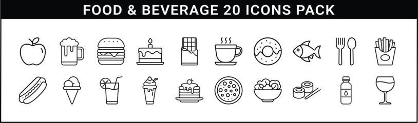 Food and Beverage Line Icon Vector Set - Collection of 20 clean black line icons showcasing food, drinks, desserts, and dining elements for culinary, menu, or app designs.