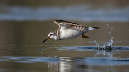 Sandpiper skimming water surface in flight with droplets splashing
