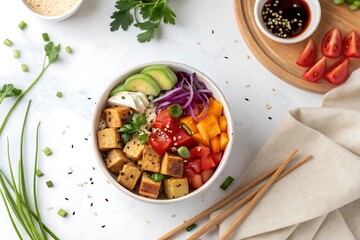 Bowl of food with a variety of vegetables and tofu