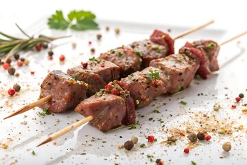 Two skewers of meat with herbs and spices on a white plate
