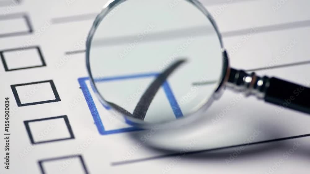 Poster checkbox with blue border and checkmark through magnifying glass on white list paper