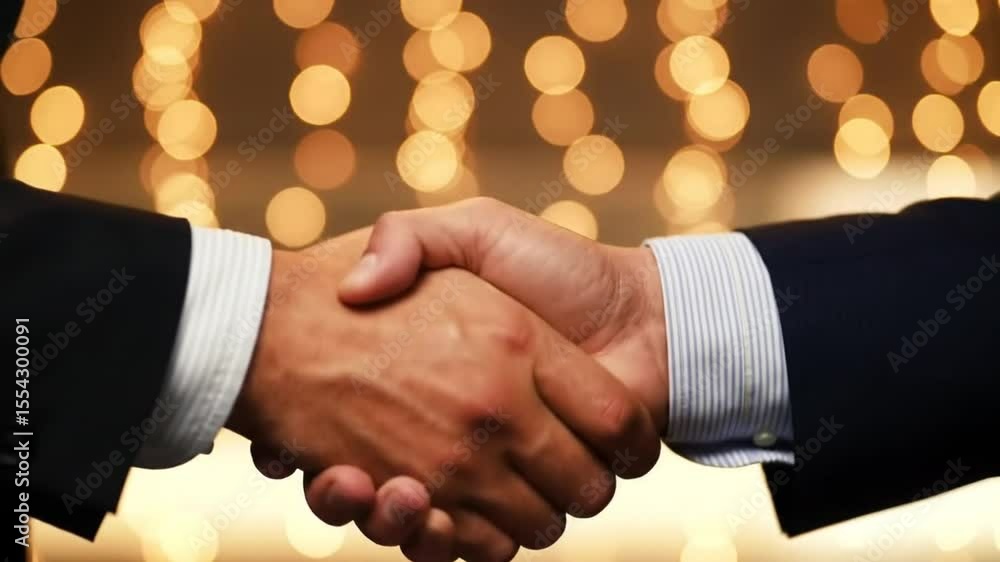 Poster close up handshake between two men in suits with warm bokeh background emphasizing partnership and c