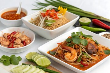 Plate of food with shrimp and a bowl of sauce