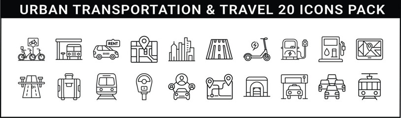 Urban Transportation and City Travel Icons Set - 20 outline icons representing urban transportation and travel, including bikes, scooters, cars, maps, fuel stations, trains, and GPS.
