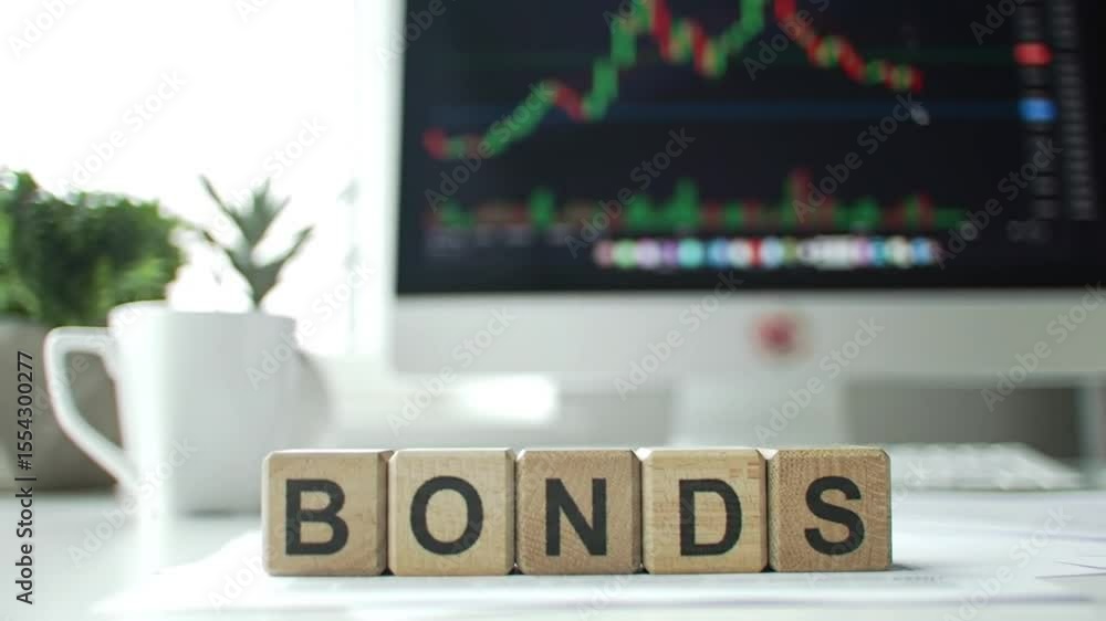 Poster conceptual shot of wooden blocks spelling bonds on white table with computer and stock chart in the 