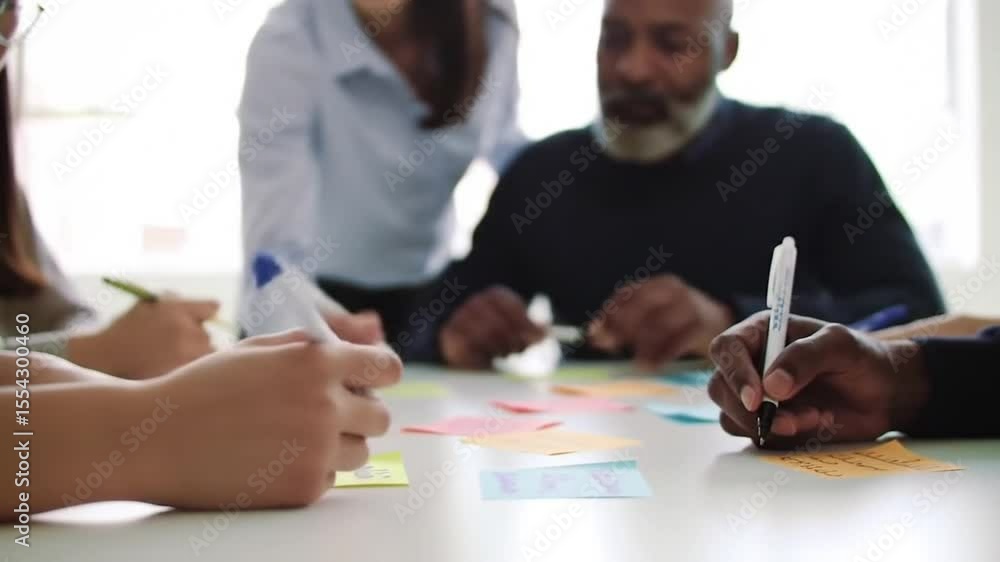 Aufkleber diverse team collaborating at white table with sticky notes in brightly lit office with window and n