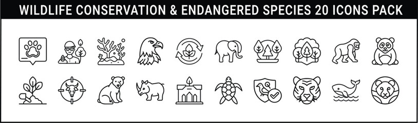 Obraz premium Wildlife Conservation and Endangered Species Icons Set - 20 outline icons focused on wildlife conservation and endangered species, featuring animals, ecosystems, researchers, and protection symbols.