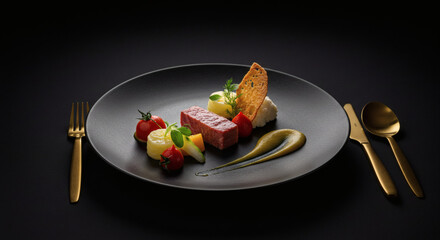 Gourmet Food Photography Elegant Dish with Beef Vegetables and Puree on Black Plate