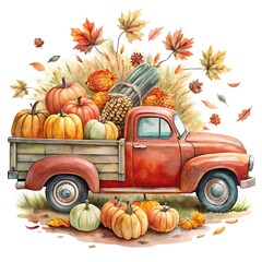 Red truck is filled with pumpkins and leaves