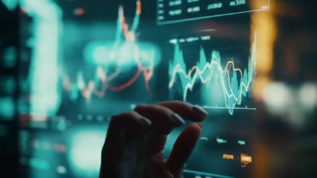 Hand Interacting with Glowing Blue Stock Market Data Analysis Screen