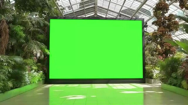 Green Screen Billboard in Botanical Garden: Chroma Key Template for Advertising & Design