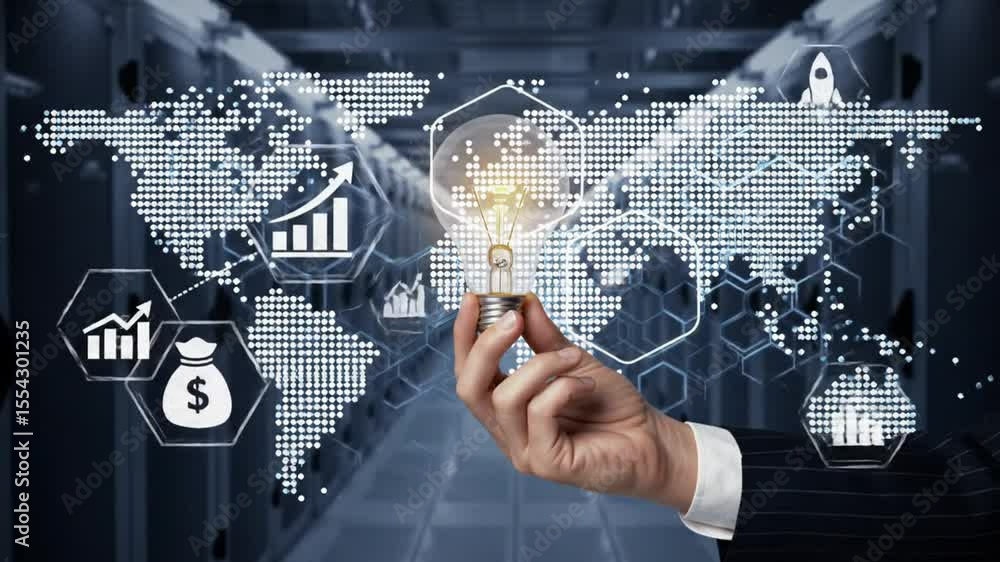 Poster illuminated light bulb in hand with global world map over data server racks in blue tone setting sho