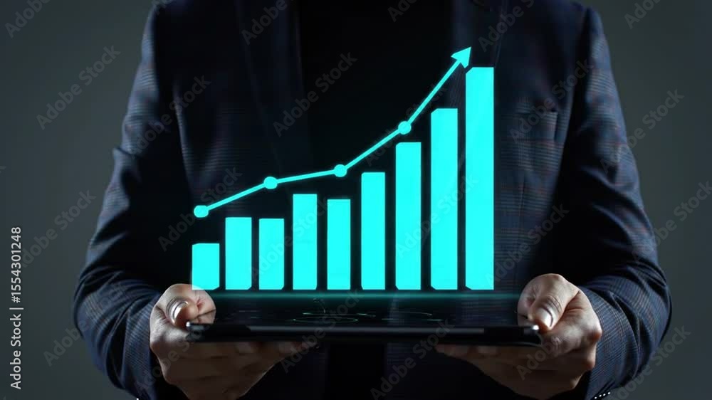 Poster man in dark suit holding tablet displaying turquoise growth bar graph with upward arrow on dark back