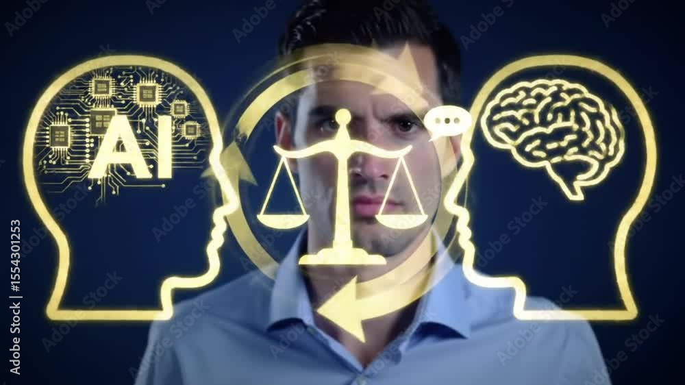 Poster man comparing ai head and human brain on blue screen with artificial intelligence concept