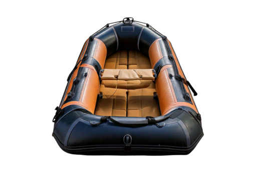 Black and tan inflatable boat isolated on transparent or white background