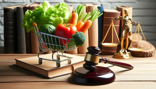 Grocery cart with bright produce sits beside a wooden gavel for conceptual visual of legal issues in food retail, consumer law, and online shopping regulations.