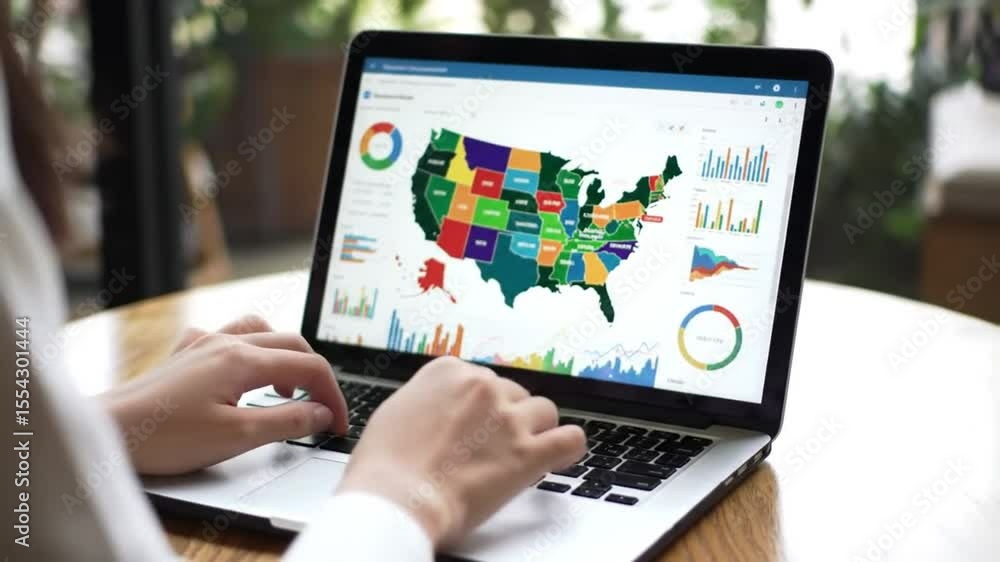 Poster person typing on laptop displaying usa map and data analytics in round wooden table with blurred bac