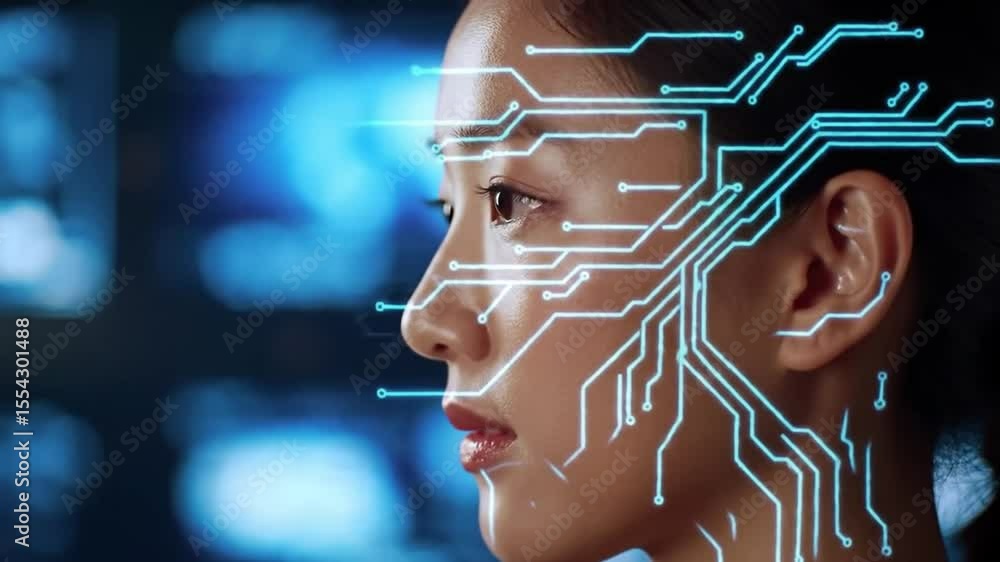 Poster profile of woman with glowing blue circuit patterns and bokeh background depicting futuristic techno