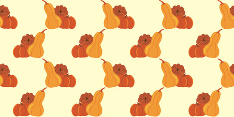 Seamless vector pattern of hand-drawn pumpkins in autumn colors. Bright design for seasonal wrapping paper, fabric, kitchen decor, or Thanksgiving design projects.