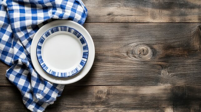 Rustic wooden table with blue checkered tablecloth and empty plates.