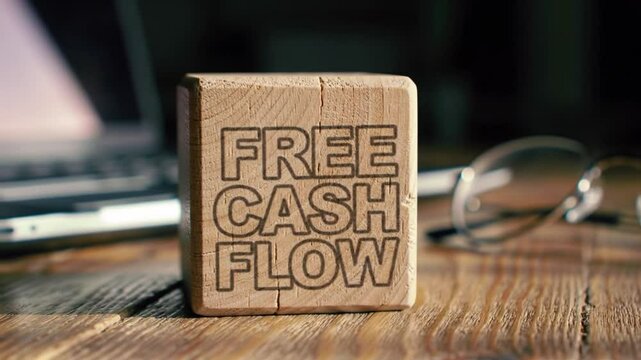 Wooden Block Displaying Free Cash Flow on Wood Table Near Laptop and Eyeglasses with Dark Background