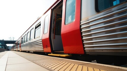 Red train at station with open doors on bright day