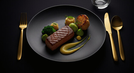 Gourmet Pan Seared Fish Dish with Mashed Potatoes Vegetables and Gold Cutlery on Black Plate