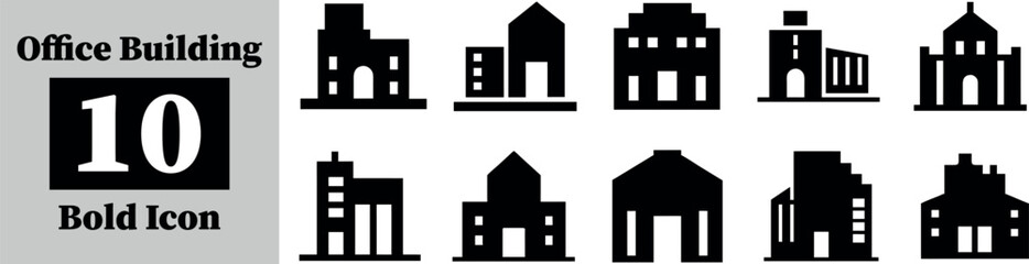 Collection of 10 diverse black office building bold icon isolated on transparent background 
