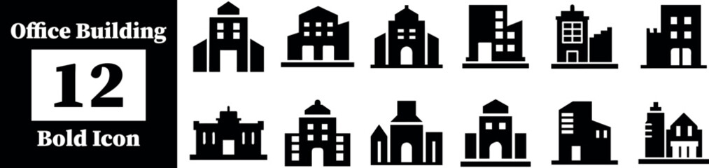 Collection of 12 bold black silhouette office building icons isolated on transparent background