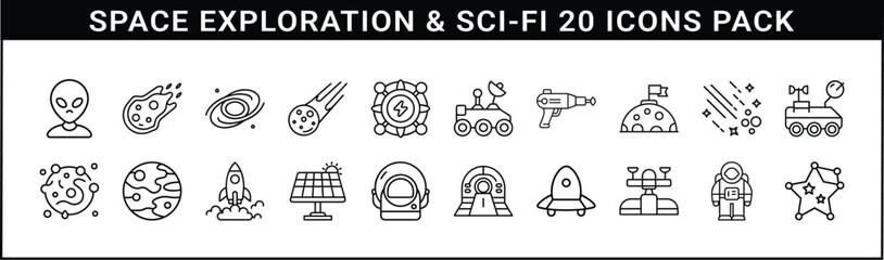 Space Exploration and Sci-Fi Line Icon Set - Set of 20 black line icons depicting space travel, cosmic elements, sci-fi gear, and futuristic exploration for astronomy and science fiction themes. © Hafeza
