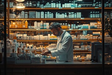 Pharmacist works in pharmacy behind the counter dispensing medicine to customer