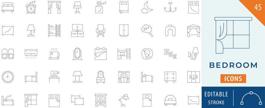 Bedroom icon collection set. Editable stroke.