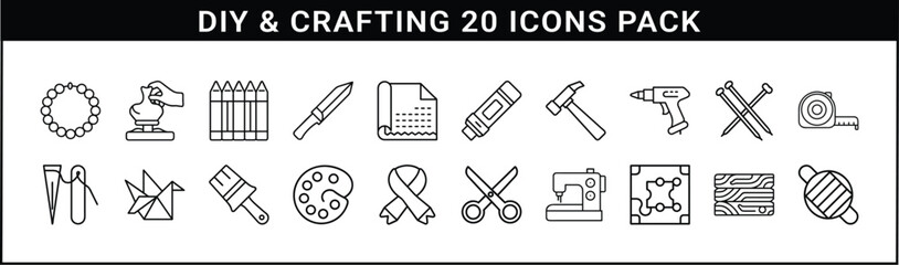 DIY and Crafting Line Icon Vector Set - Set of 20 black line icons representing handmade crafts, tools, and creative hobbies for DIY, sewing, painting, and decoration projects.