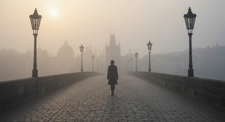 Lone figure walking across a misty bridge in early morning light